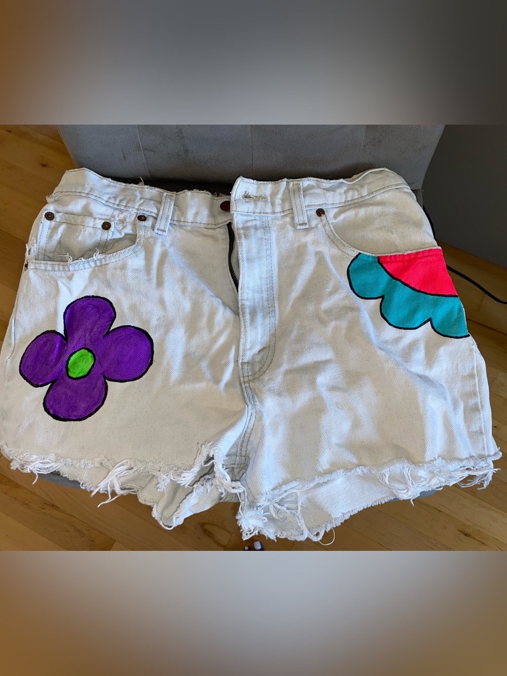 Levi's Denim Flower power Shorts with Purple & Teal Floral Accents 90s style